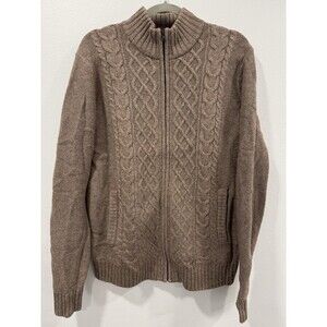 UNIQLO Wool Silk  Cardigan Sweater Cable Knit Full Zip Pockets Brown Unisex M